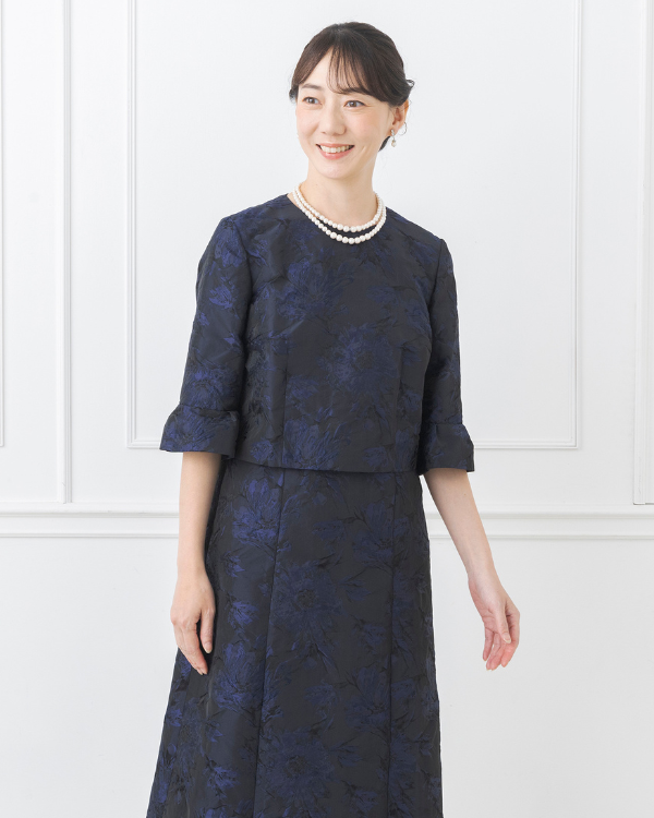 【HOBBS LONDON】ネイビーフローラルのゾーイドレス 関税込 ネイビー 13号】ぼかしフラワー調ジャカード お袖付きロング