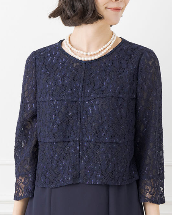 ネイビー 13号】ラメレース 前開きツーピース風ドレス<1401608