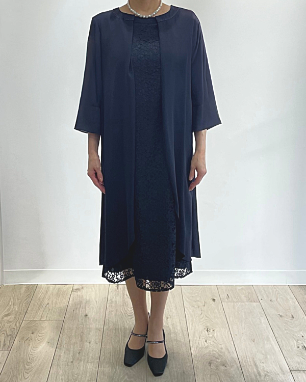 ネイビー】レース×ジョーゼット 前開き お袖付きドレス<4401500-73