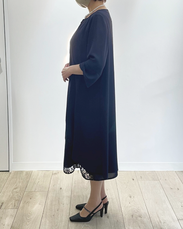 ネイビー】レース×ジョーゼット 前開き お袖付きドレス<4401500-73