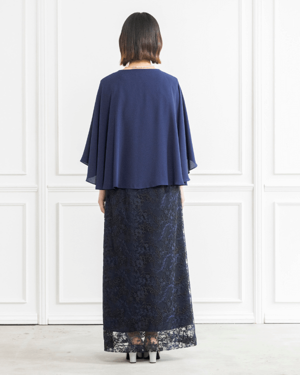 ネイビー 19号】エンブロイダリーレース ケープ付き ロングドレス