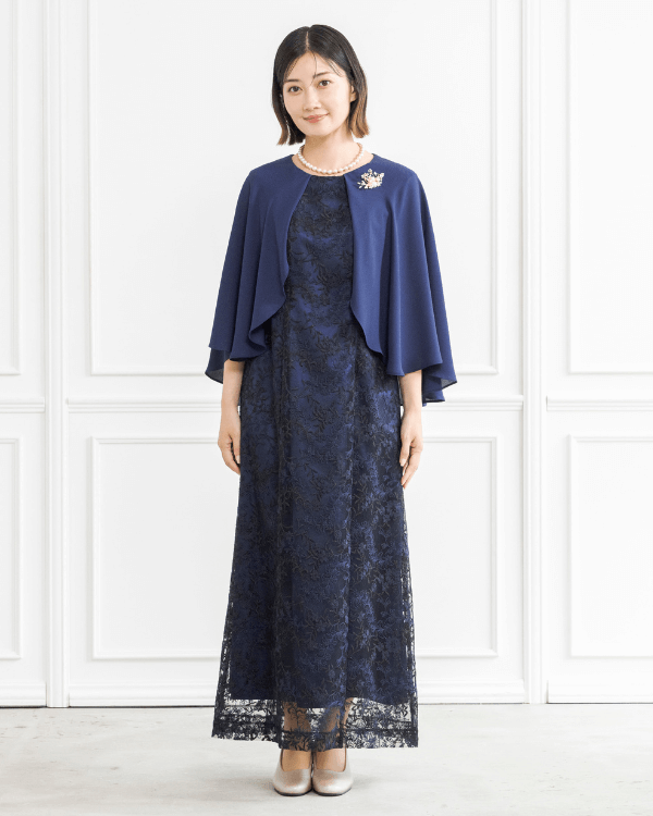 叙勲式典等　東京ソワール　ロングドレス　13号　結婚式等（１度のみ着用） 着丈短め】【ネイビー 13号】エンブロイダリーレース ケープ付き