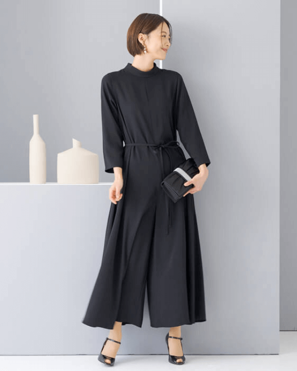 ブラック 9号】サテンジョーゼット ワイドオールインワン｜東京