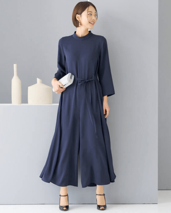 ネイビー】サテンジョーゼット ワイドオールインワン｜東京ソワール