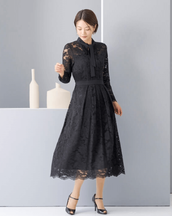 ブラック】コードレース×ジョーゼット お袖付き ボウタイドレス｜東京
