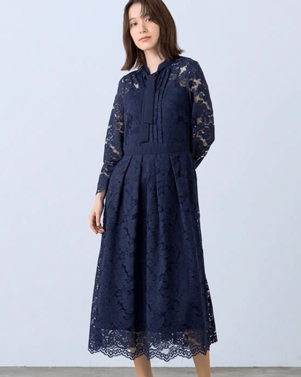 ネイビー】コードレース×ジョーゼット お袖付き ボウタイドレス