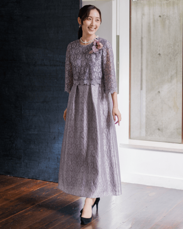モーヴブラウン】レース×フクレジャカード お袖付き ロングドレス