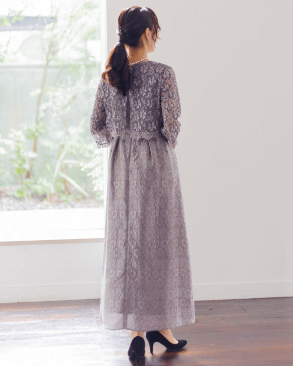 モーヴブラウン】レース×フクレジャカード お袖付き ロングドレス