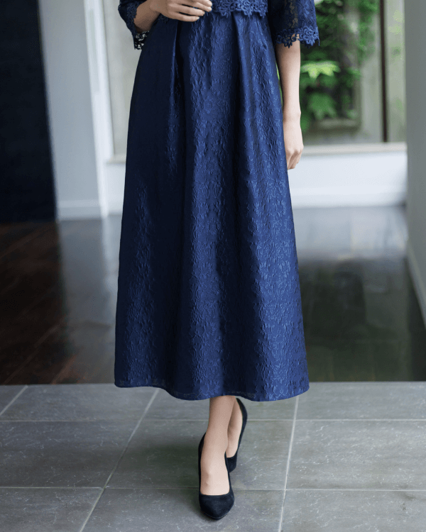 ネイビー】レース×フクレジャカード お袖付き ロングドレス<4521220-73