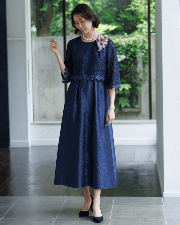 ネイビー】レース×フクレジャカード お袖付き ロングドレス