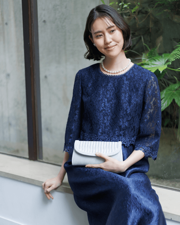 ネイビー】レース×フクレジャカード お袖付き ロングドレス<4521220-73