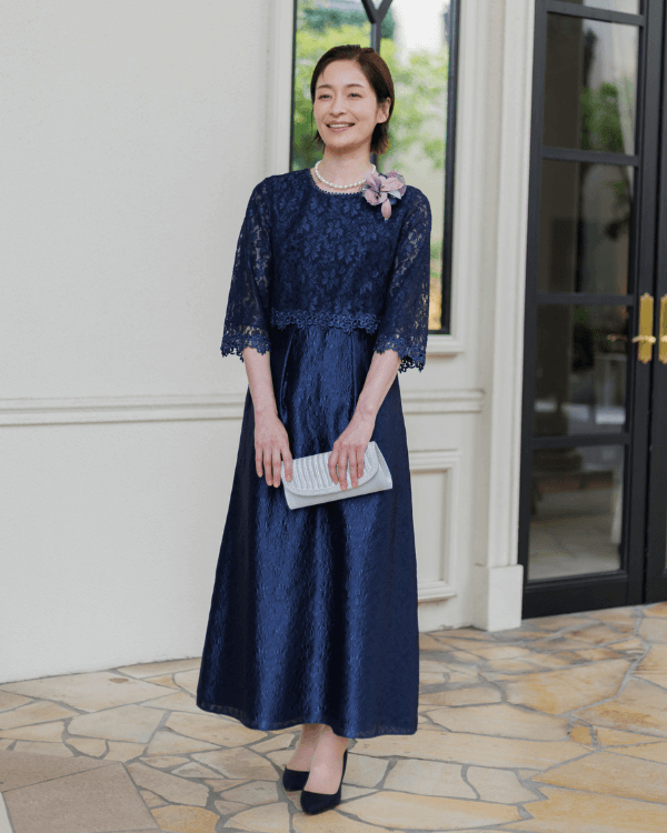 ネイビー 11号】レース×フクレジャカード お袖付き ロングドレス