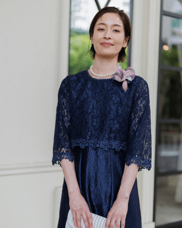 ネイビー】レース×フクレジャカード お袖付き ロングドレス