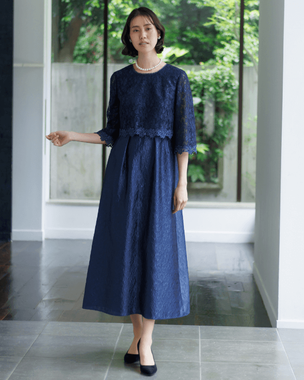ネイビー 13号】レース×フクレジャカード お袖付き ロングドレス