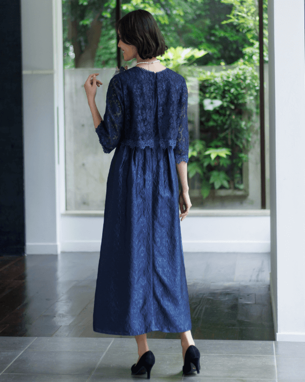 ネイビー】レース×フクレジャカード お袖付き ロングドレス<4521220-73