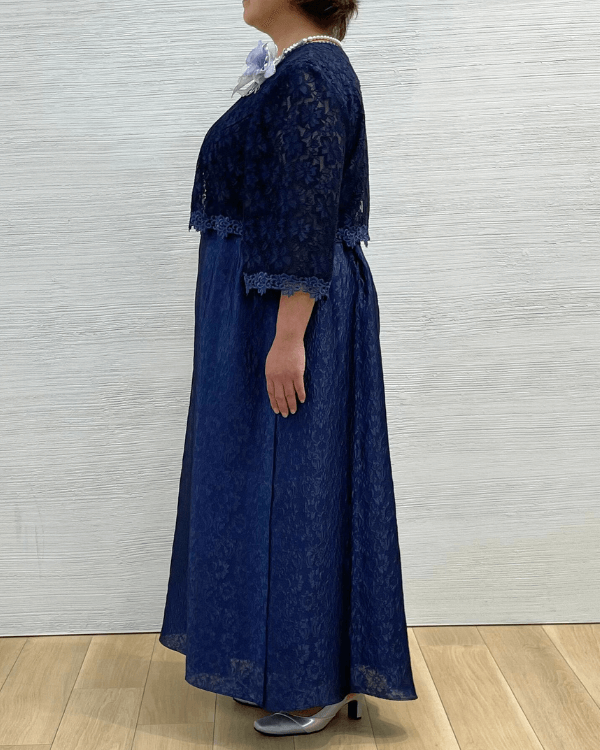 ネイビー 23号】レース×フクレジャカード お袖付き ロングドレス