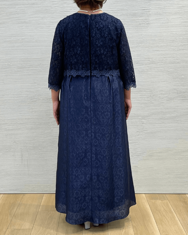 ネイビー 23号】レース×フクレジャカード お袖付き ロングドレス
