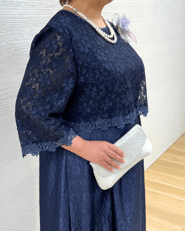 ネイビー 23号】レース×フクレジャカード お袖付き ロングドレス