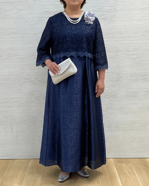ネイビー レース ドレス 長袖 フレア　23区　 最終価格 ネイビー 23号】レース×フクレジャカード お袖付き ロングドレス