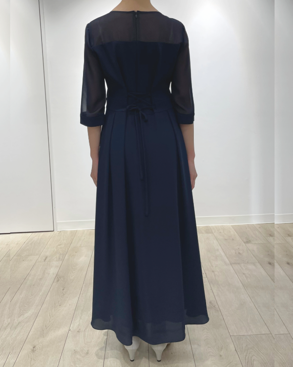 ネイビー】バックサテンジョーゼット お袖付きセミロングドレス