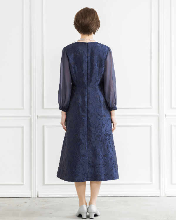 ネイビー 13号】サテンフラワージャカード×シフォン お袖付きドレス