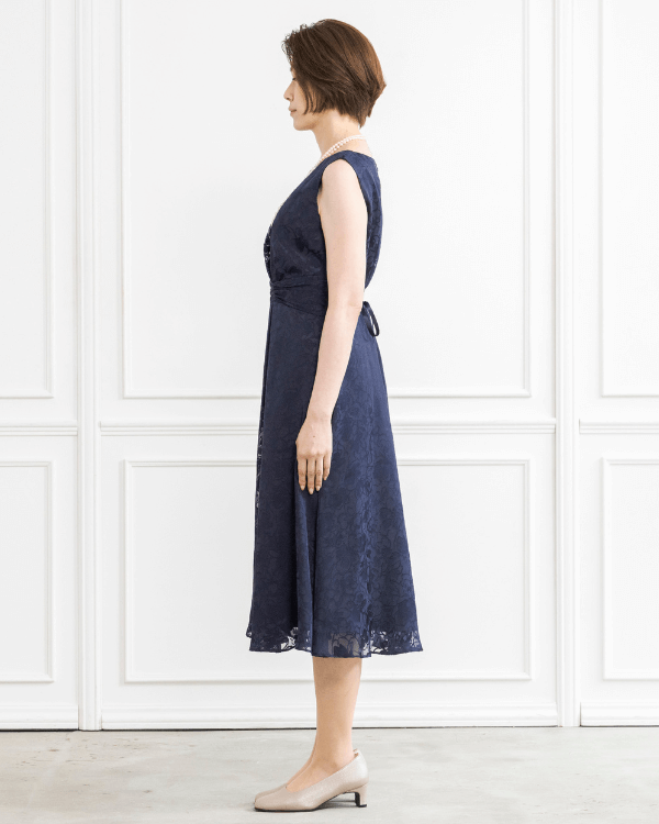 ネイビー 裾サテンドレス サンリーヌ 11号 着丈長め】【ネイビー 11号】チュールコードテープ刺繍×コンパクト