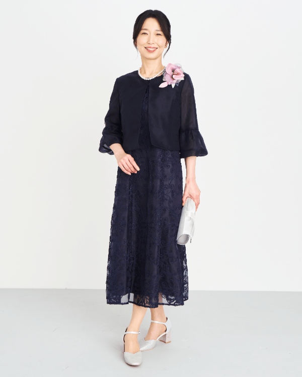 ネイビー】オーガンシャインコード刺しゅう ノースリーブドレス