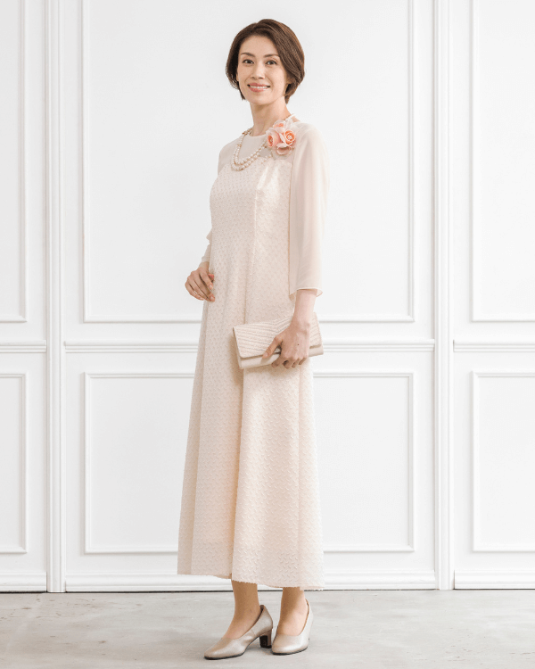 クリーム 11号】ソフトカットジャカード お袖付きセミロングドレス