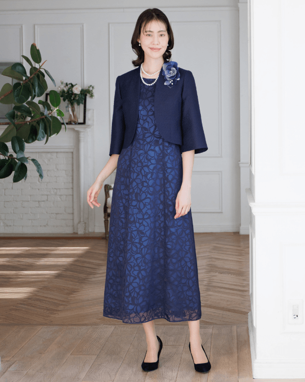 東京ソワール　apploberry レースノーカラージャケット　結婚式　15号 ネイビー 15号】ラメソフトジャカード ノーカラーボレロジャケット