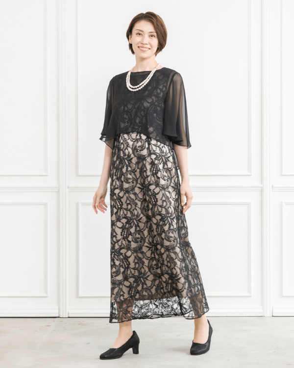 ブラック 15号】ラッセルレース シフォンケープ付きロングドレス