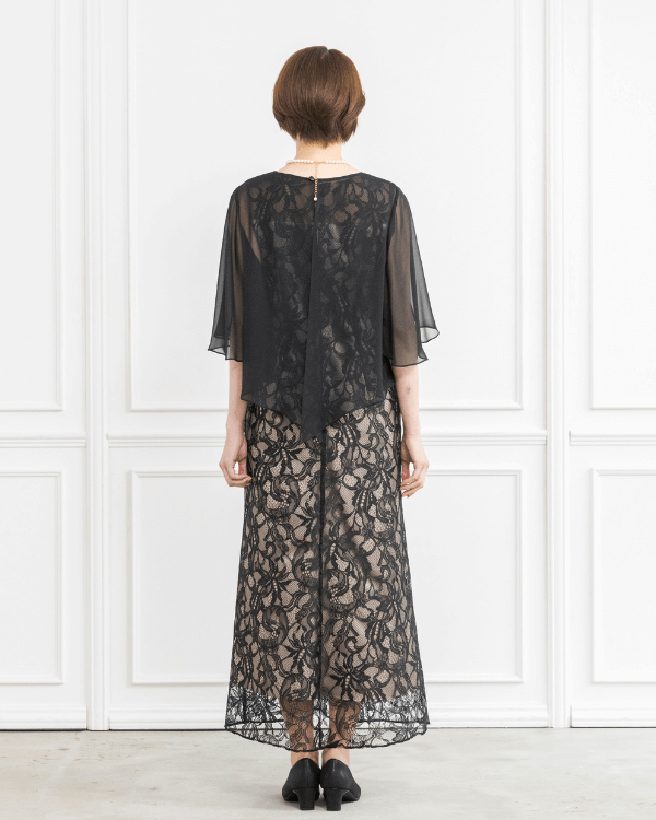ブラック】ラッセルレース シフォンケープ付きロングドレス<6421202-00