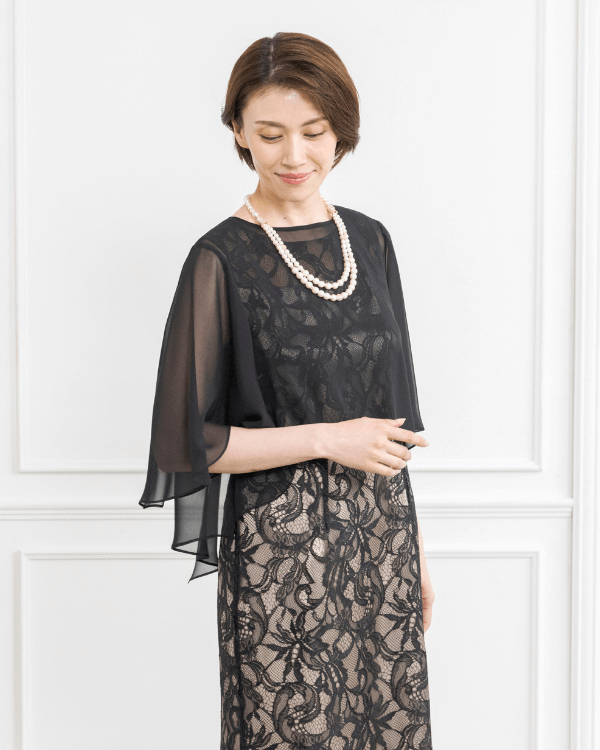 ブラック】ラッセルレース シフォンケープ付きロングドレス<6421202-00