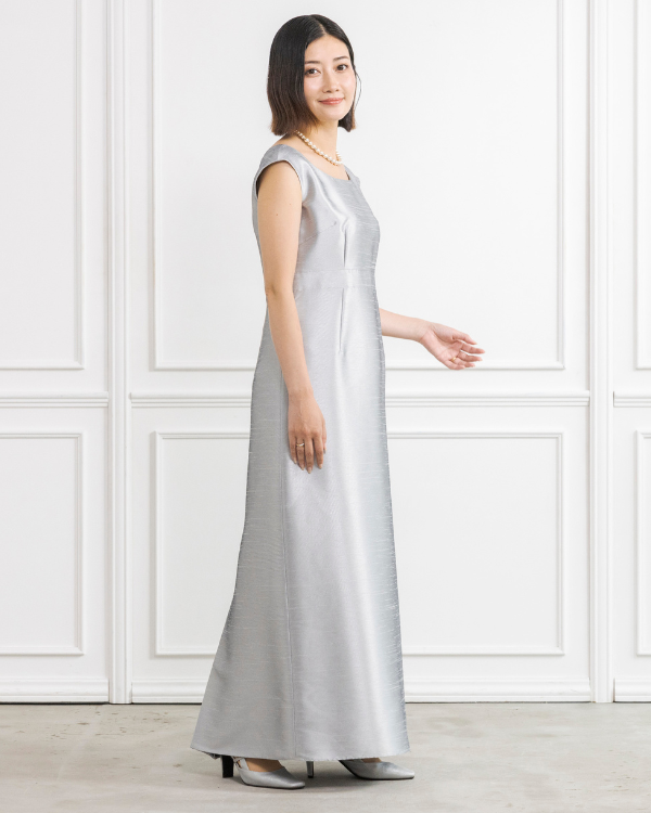 シルバー】シャンブレーシャンタン ストレートライン ロングドレス