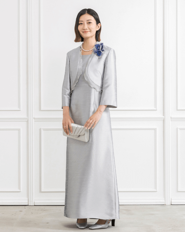 新品　ランバンスポール　裾フリル　シルバーラメ　ノーカラー　ジャケット シャンブレーシャンタンのジャケット 9号・グレー｜東京ソワール