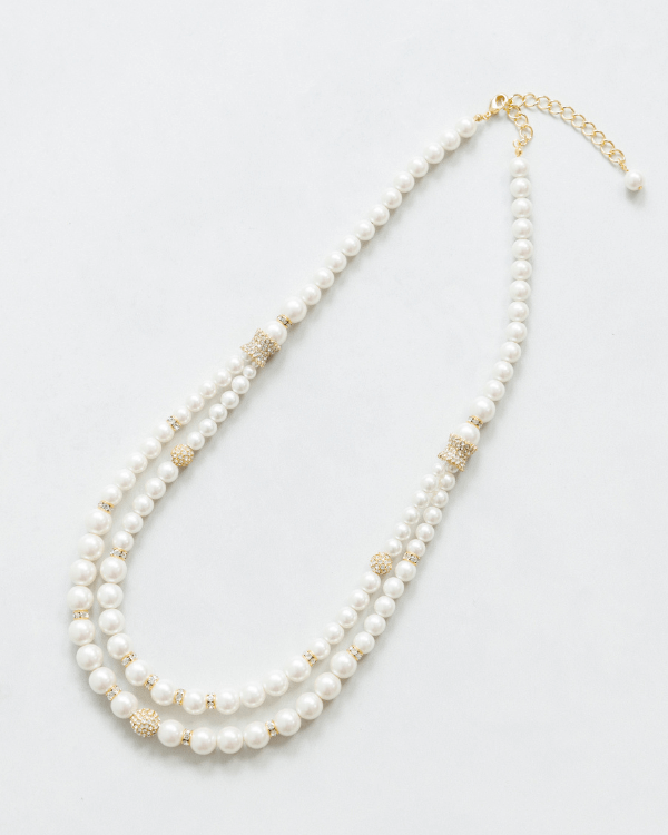【ゴールド】ロンデル×パヴェボールミックス　２連パールロングネックレス<5519505-92>