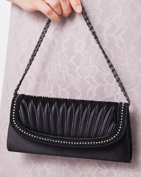 ブラック】ビーズライン×プリーツデザイン サテンフォーマルバッグ